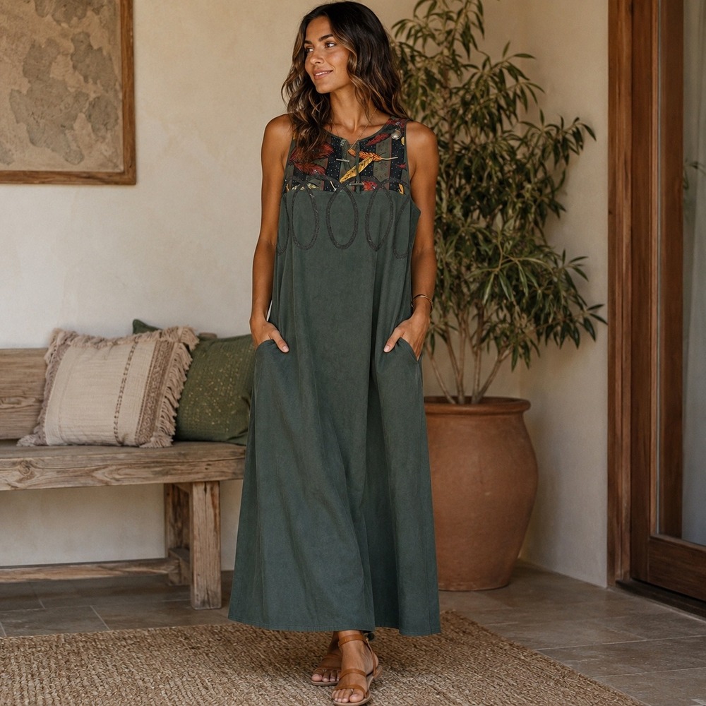 Koos of Course! Dress Womens 1X Green Faux Suede Boho Feather Print Artsy Midi